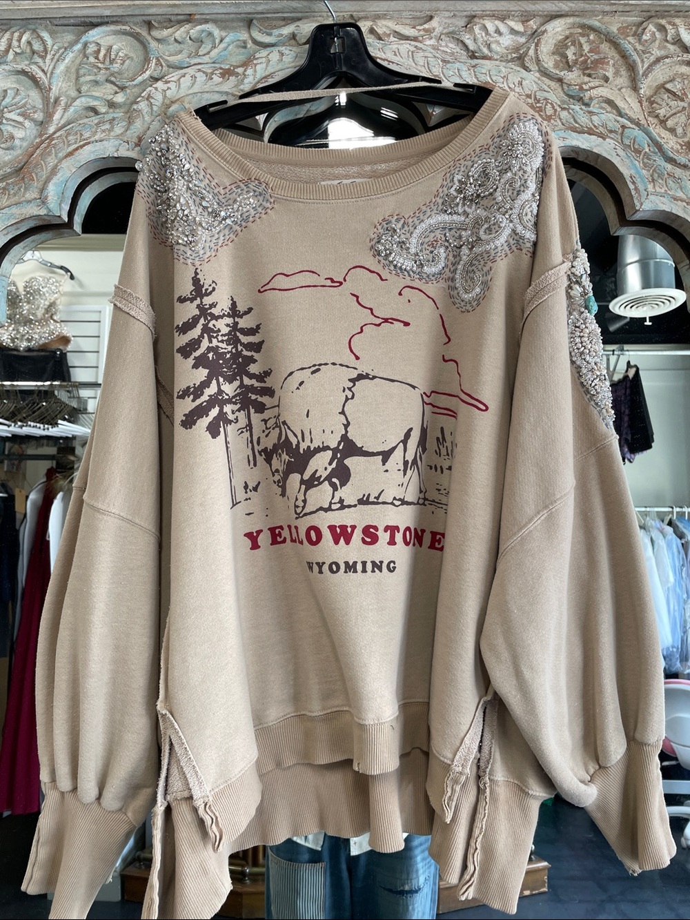 Free People Beige Yellowstone Embellished Crewneck Sweater